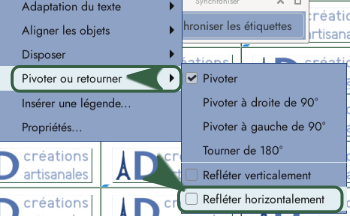 Les deux éléments importants, pivoter et refléter, de la capture d'écran sont mis en évidence.