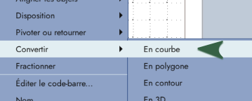 Capture d'écran, le type de conversion, ici en courbe, est un sous-menu de Convertir.