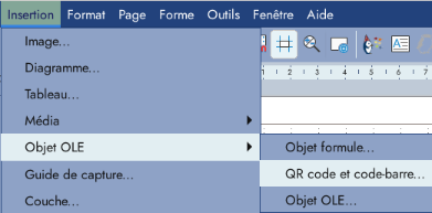 Capture d'écran qui illustre le texte. Le Qr Code est un sous menu d'Objet OLE.